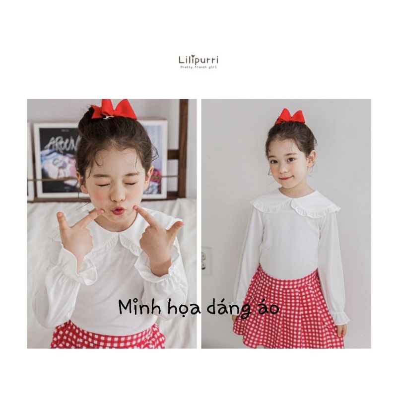 [120,140,150] Áo cotton dài tay cổ sen tay nhún màu kẻ hồng Lilipurri xuất Hàn dư xịn cho bé gái