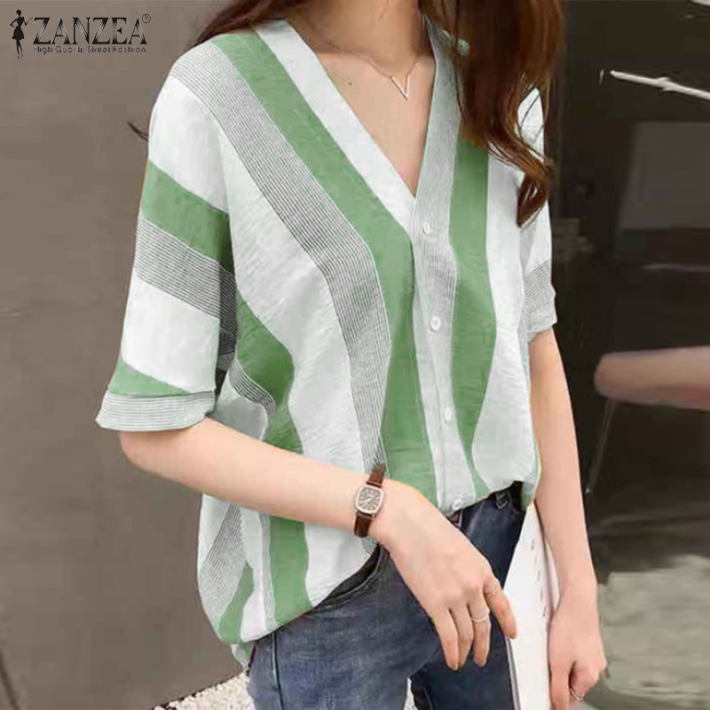 Áo sơ mi ZANZEA tay lửng cổ chữ V họa tiết sọc thời trang dành cho nữ