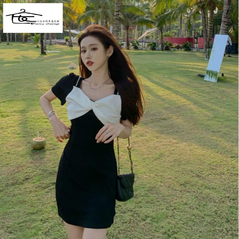 Đầm Ngắn Màu Đen Kiểu Pháp Đính Nơ Thời Trang Mùa Hè 2022 Cho Nữ