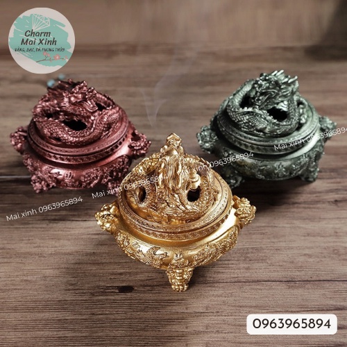 Lư Đốt Đỉnh Điêu Khắc Hình Rồng 3 Chân Xông Trầm Nhiều Màu  - Đỉnh Đồng đốt Nụ Nhang Hương