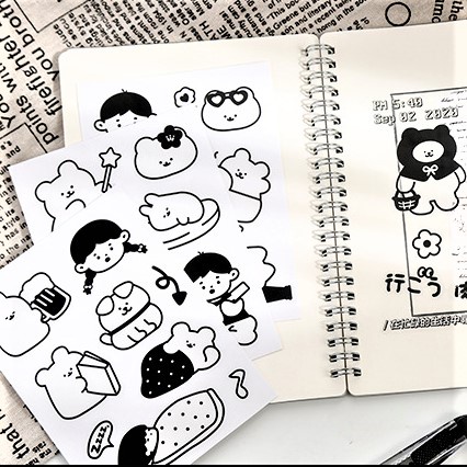 Set 4 sticker trắng đen hình thỏ gấu cún ngộ nghĩnh cute bằng nhựa PET không thấm nước trang trí sổ tay, bình nước, DIY