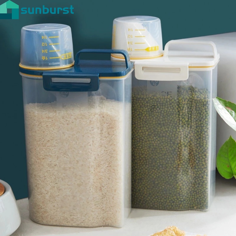 Hộp nhựa đựng gạo/hạt ngũ cốc chống ẩm chống côn trùng có cốc đo lường tiện dụng cho nhà bếp