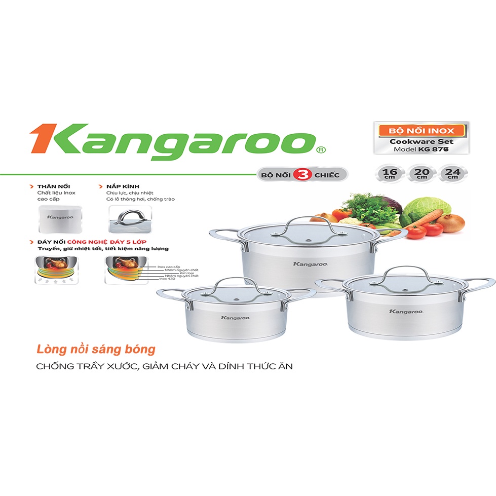 Bộ nồi Inox 3 chiếc 16/20/24cm Kangaroo KG877 5 đáy