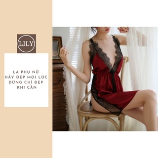 Váy ngủ sexy hai dây satin lụa đồ ngủ lụa xẻ lai phối ren đen sexy rẻ đẹp M01