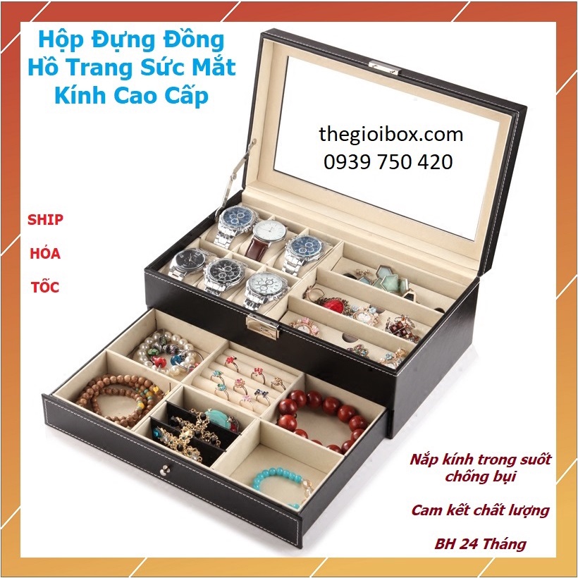 Hộp Đựng Đồng Hồ - Trang Sức - Mắt Kính 2 Tầng Vỏ Da, Nắp Kính Chống Bụi Bẩn Cao Cấp