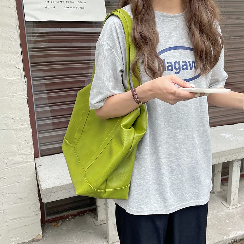 Túi Xách tote Da PU Mềm Cỡ Lớn Màu Xanh Bơ Phong Cách Hàn Quốc Cho Nữ