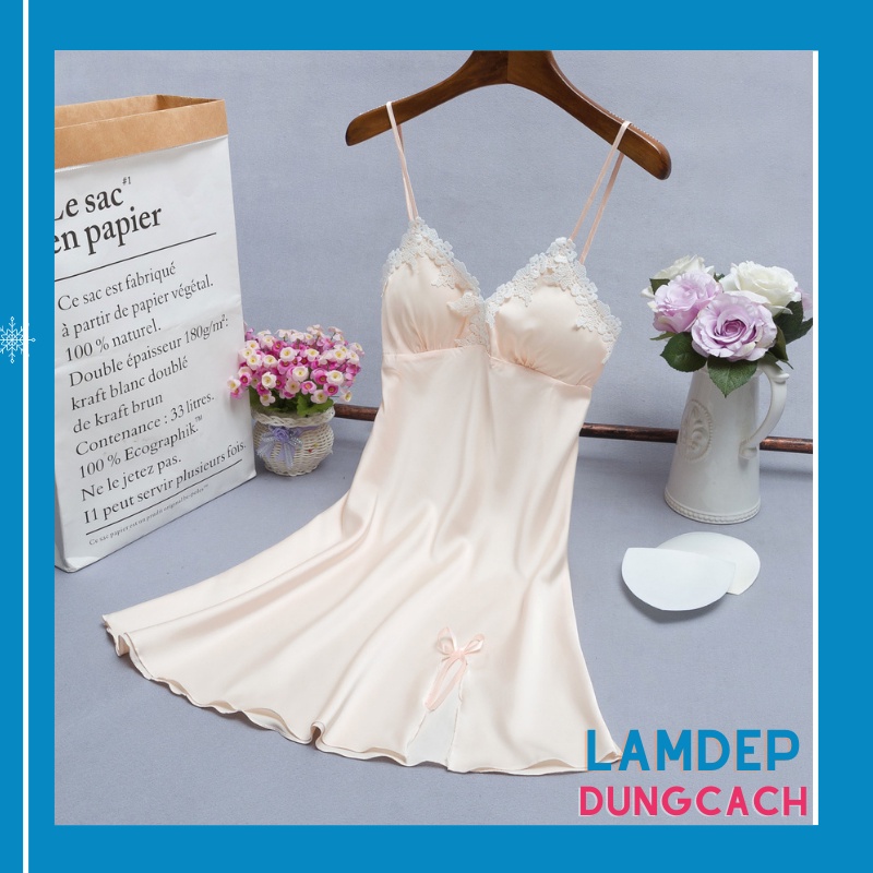 Váy ngủ hai dây lụa satin sexy cao cấp Đầm mặc nhà gợi cảm quyến rũ phối ren cổ hoa trắng- VNL129
