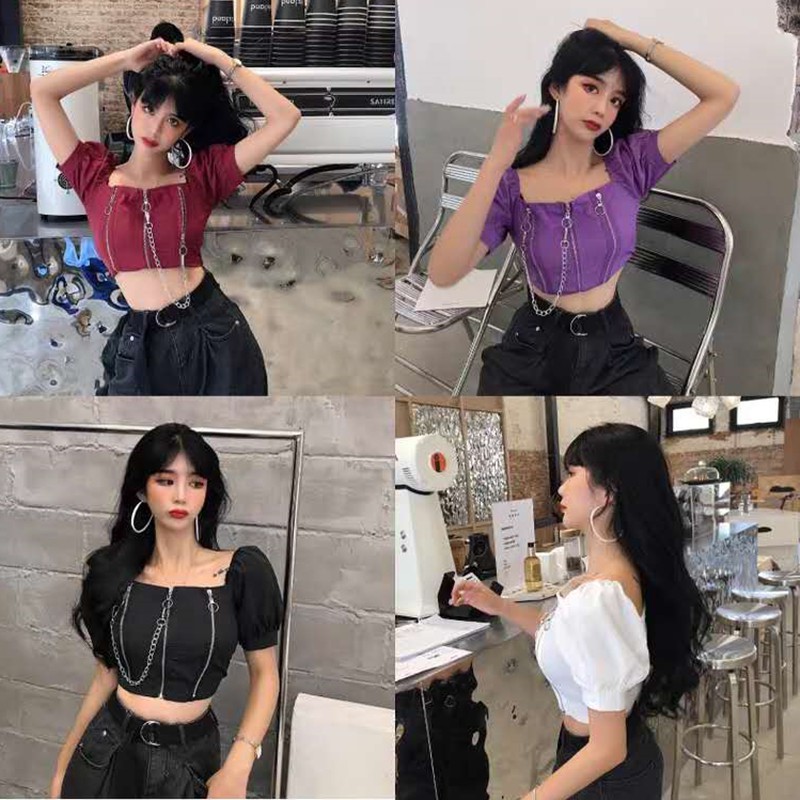 Áo Ngắn Cổ Vuông Phối Khóa Kéo Phong Cách Hàn Quốc Gợi Cảm Cho Nữ