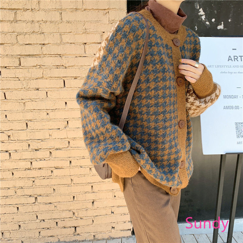 Áo khoác cardigan dệt kim dáng rộng phong cách retro Hàn Quốc thời trang cho nữ