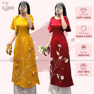Áo Dài Cách Tân vải tata  thêu hoa khô nổi , ao dài vai bồng nhẹ nhàng phù hợp cho mọi sự kiện