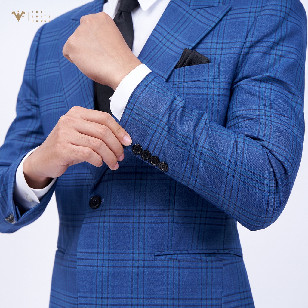 Bộ vest nam xanh kẻ ô, suits sartorial, 1 khuy 2 túi, form ôm The Suits House