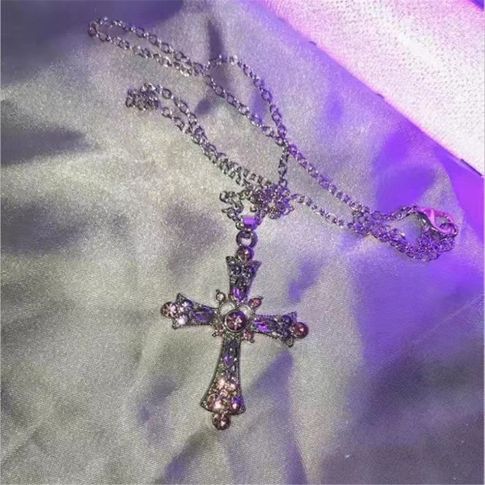 Vòng cổ Mặt Hình Thánh Giá Đính Đá Zircon Màu Hồng Tím Phong Cách Gothic Punk Dành Cho Nữ