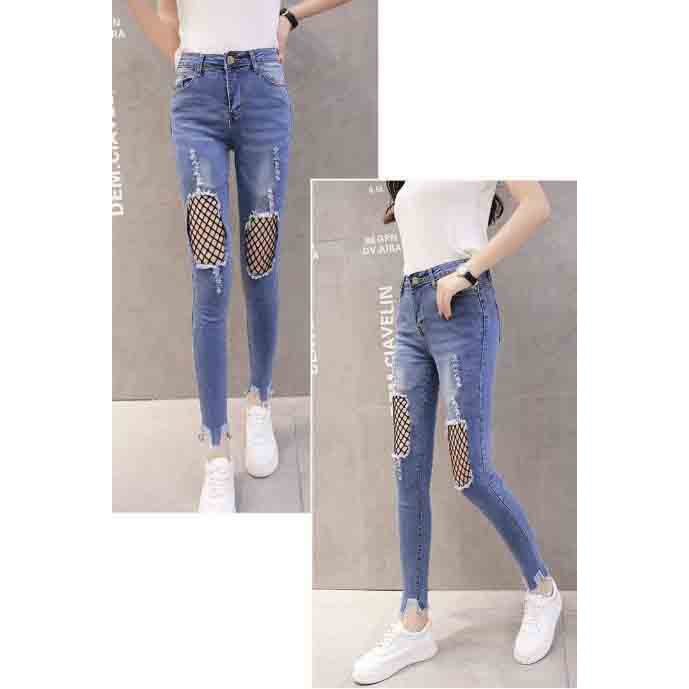 quần jeans nữ rách ô phối lưới Mã: QD2020