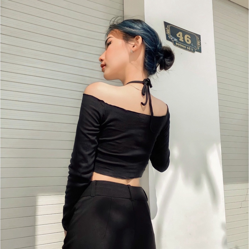 [HOT] Áo croptop nữ body dài tay bẹt vai cổ yếm hở vai Miami Vice