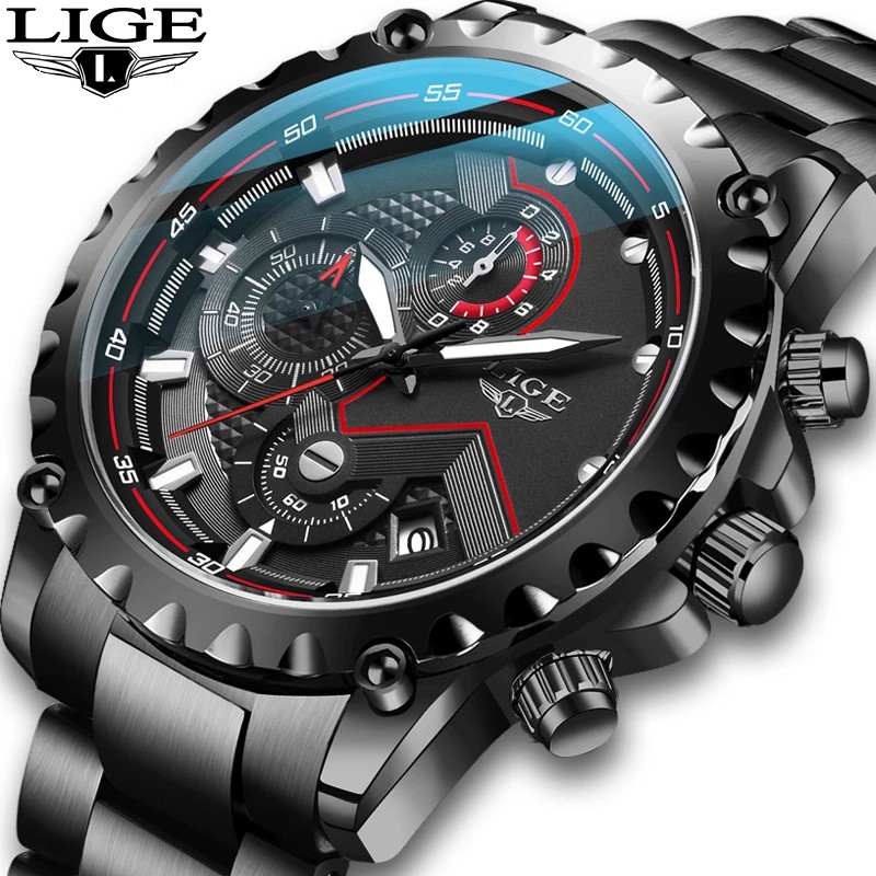 LIGE 9821 Men's Fashion Stainless Steel Waterproof Quartz Sports Watch