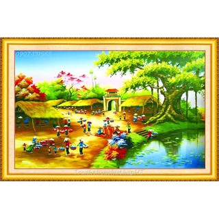 Tranh đính đá phong cảnh Phiên chợ quê 100*65cm VS175 - tự đính