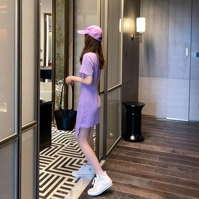 Váy màu tím Orton nữ phong cách OREAN túi dây A váy hông áo phông váy ngắn