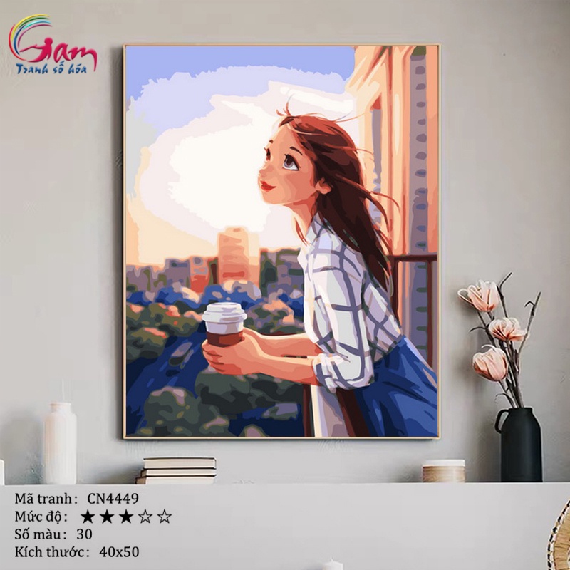 [Mã BMLTA50 giảm 50K đơn 150K] Tranh tô màu theo số Gam cô gái yêu đời căng khung 40x50cm CN4449