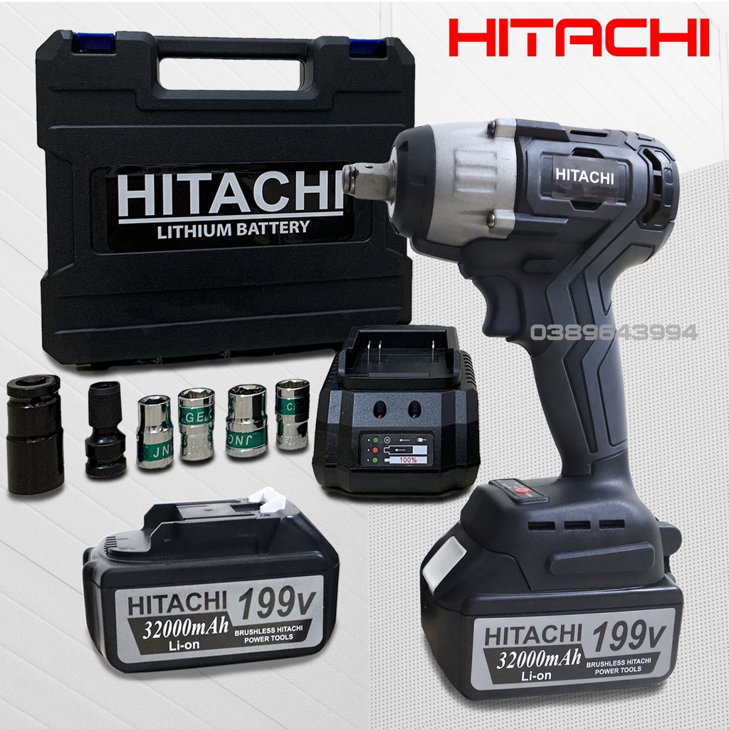 Máy Siết Bulong HITACHI 199V – Tặng 6 Đầu Khẩu - Loại Không Chổi Than - 3 Đèn Led - 2 Pin