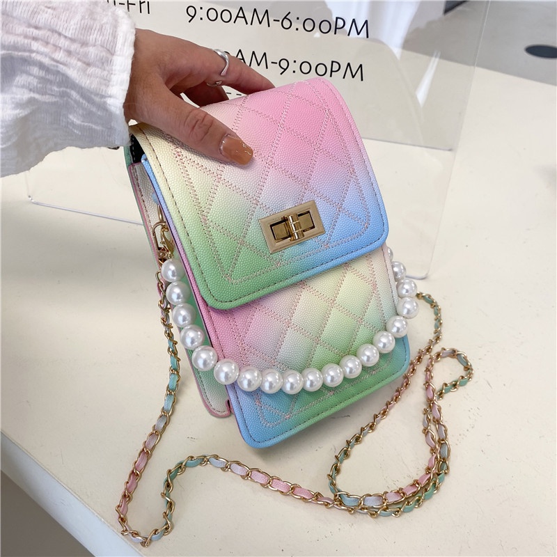 Túi đeo vai mini dáng vuông nhỏ đính ngọc trai màu gradient lấp lánh đựng điện thoại di động IELGY