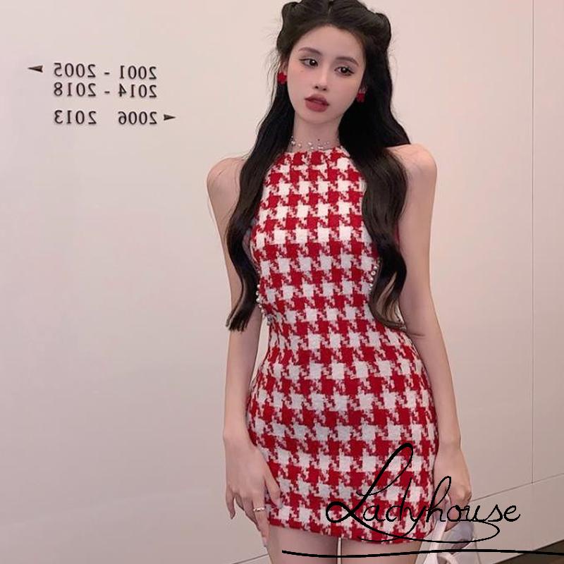 Ldd-đầm Ôm Dáng Không Tay Khoét Lỗ Rỗng Đính Đá Màu Đỏ Cho Nữ