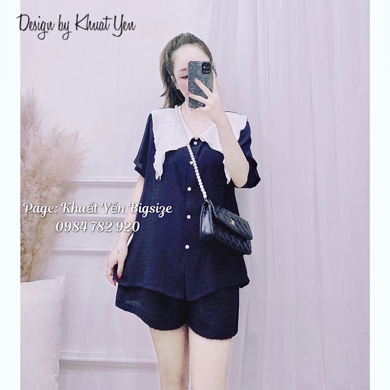 Set bộ nữ chất đũi siêu mát tay ngắn quần đùi mặc nhà❤Khuất Yến Bigsize❤ bộ đồ form rộng dễ mặc B40 cổ lá