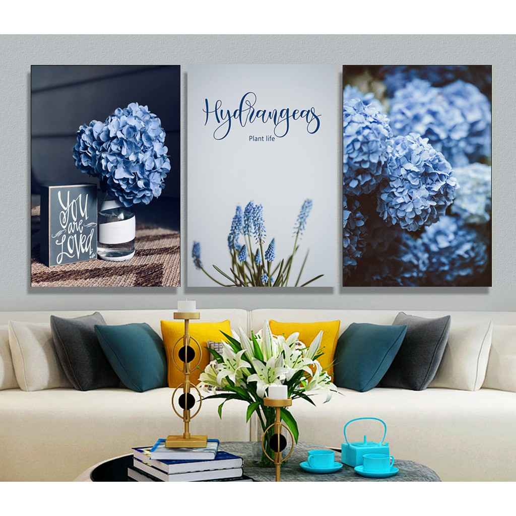 Bộ 3 tranh canvas treo tường hoa cẩm tú cầu tông xanh cực xinh - 30 x 45 cm