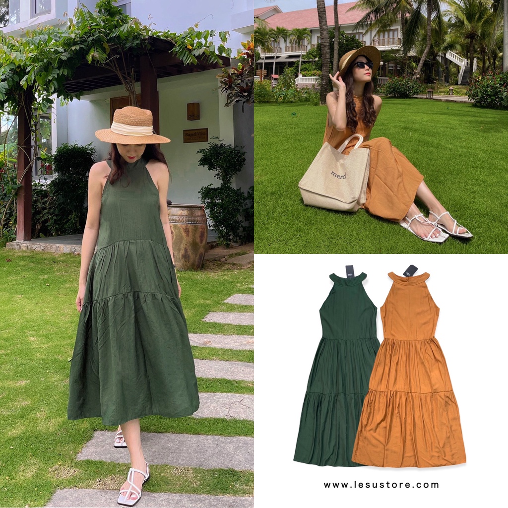 ẢNH TỰ CHỤP Đầm midi babydoll sát cánh trơn cổ yếm