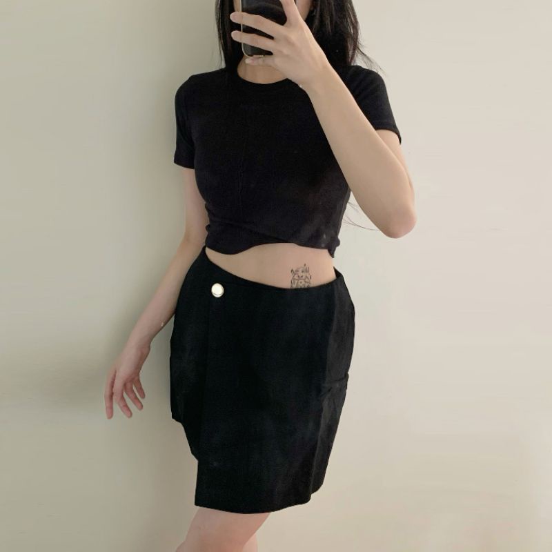 [ SET 2 MÓN ]Áo len tăm cổ tròn + chân váy chữ A  đính nút vạt chéo thời trang ulzzang mùa hè đi chơi basic cực đẹp [ GI