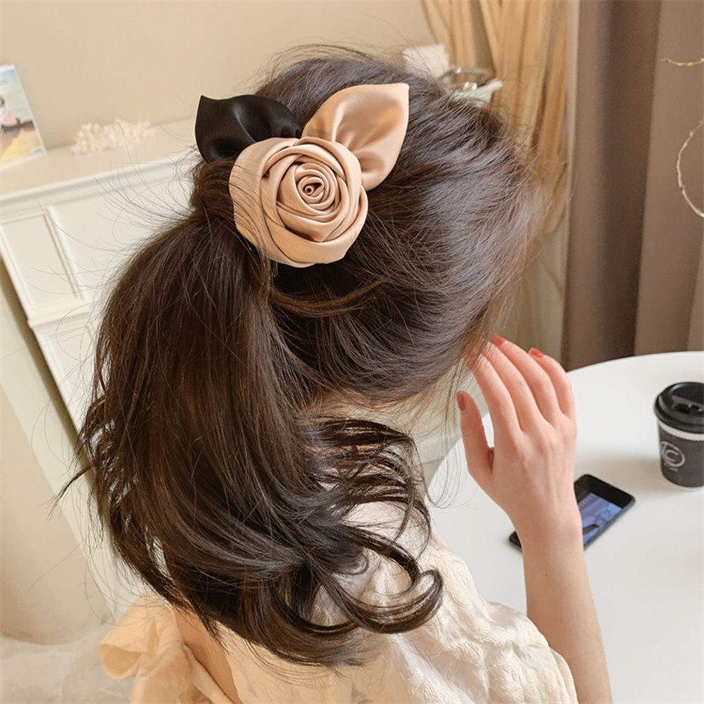 Giá Đỡ Kẹp Tóc Đuôi Ngựa Hình Hoa Hồng Bằng Satin Thời Trang Nữ Đơn Giản