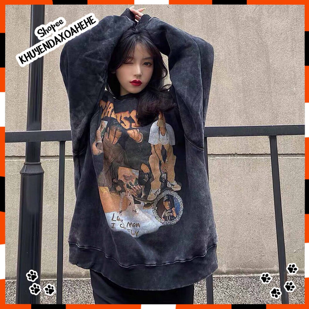 A024 Áo sweater nam nữ đen loang Travis Scott oversize thu đông Áo Hoodie nỉ dài tay hiphop cá tính form rộng unisex