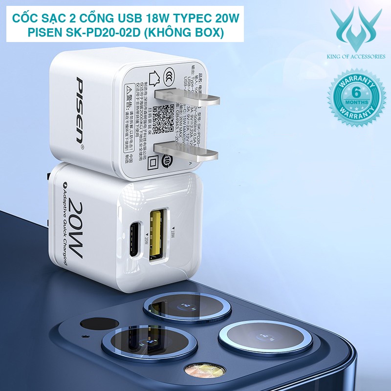 Cốc sạc nhanh 2 cổng Pisen QUICH TEENY SK-PD20-02D - hỗ trợ USB QC 3.0 18W và TypeC PD 20W (KHÔNG BOX)