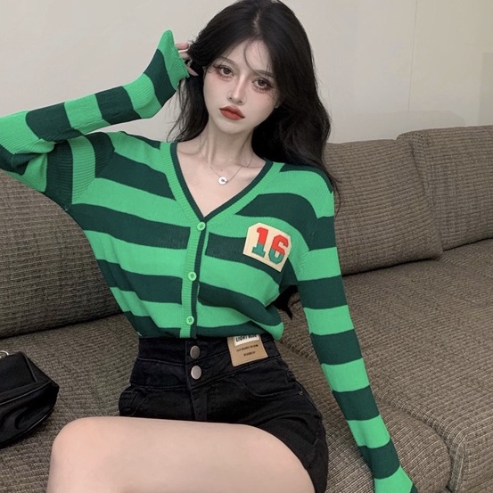 【ZHELIHANGFEI】Áo Khoác Cardigan Dệt Kim Tay Dài Cổ Chữ V Họa Tiết Kẻ Sọc Thời Trang