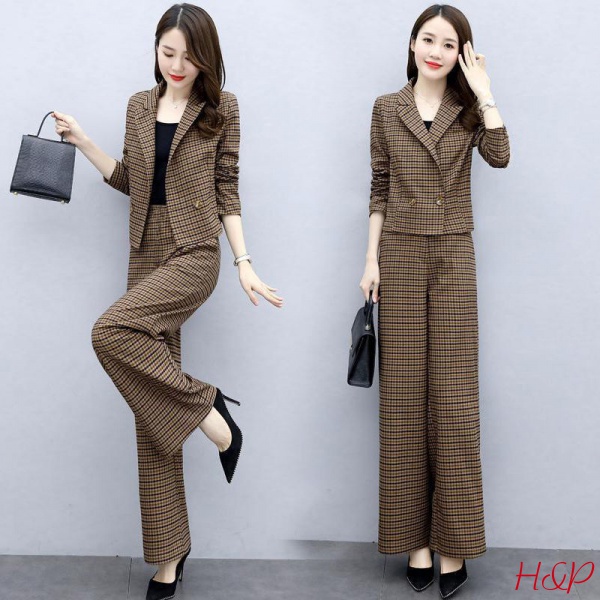 Set quần ống rộng + áo kẻ sọc ca rô phong cách thời trang hàn quốc cho nữ