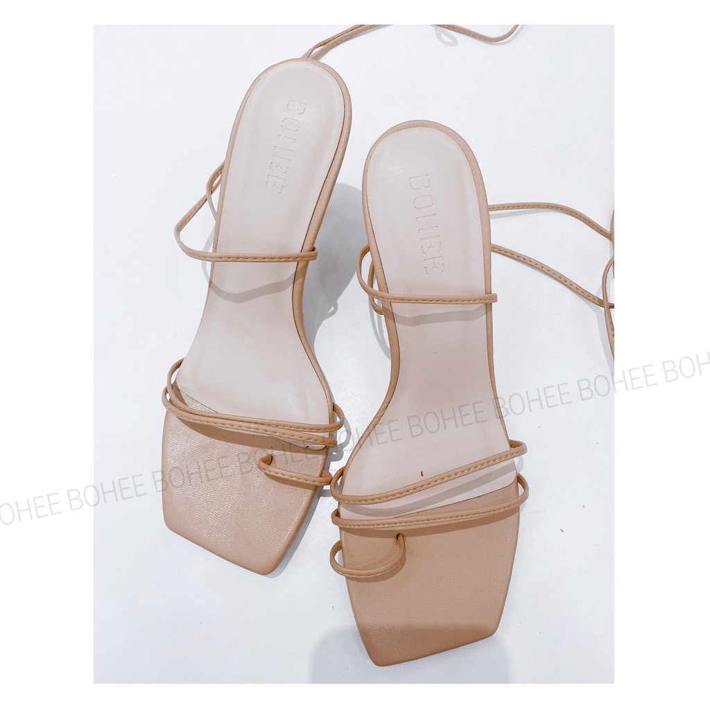 Giày Sandal cao gót 7cm dây buộc đế nhọn chất da nhập cao cấp màu trắng nâu BOHEE GD01