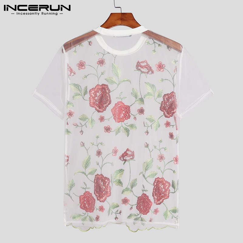 INCERUN Áo Thun Ngắn Tay Cổ Tròn Thêu Hoa Thời Trang Mùa Hè Cho Nam