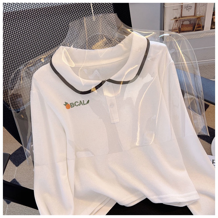 Áo Thun Lửng Tay Dài Có Cổ Thêu Chữ Thời Trang Mùa Thu Mới Cho Nữ