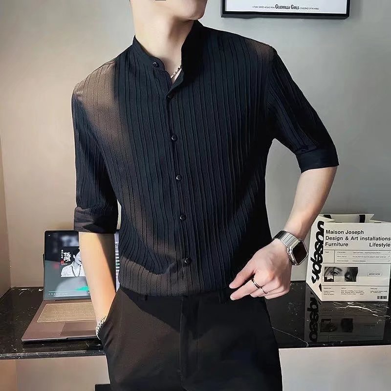 Áo Sơ Mi Tay Lửng Bằng Lụa Lạnh Màu Trắng Đen m-3xl Phong Cách Hàn Quốc Cho Nam