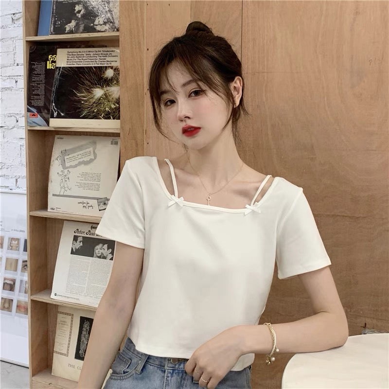 Áo Thun Ngắn Tay Cổ Vuông Đính Nơ Thời Trang Mùa Hè 2022 Phong Cách Hàn Quốc Cho Nữ