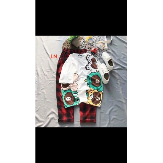 Set áo phông cotton và quần caro thô đũi