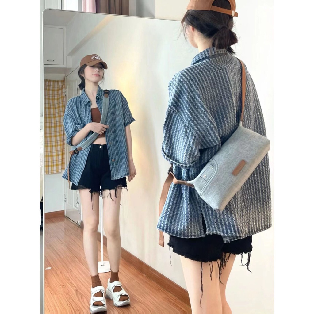 Áo Sơ Mi denim Tay Ngắn Thời Trang Hàn Quốc Mới
