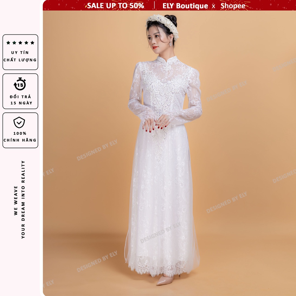 Áo dài cưới truyền thống 3 lớp 6 tà ELY Boutique, áo dài trắng đính kết hạt ELR06