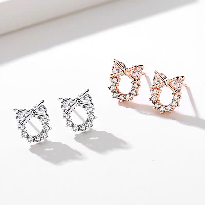 Bông tai bạc nữ Mon Lilas Mặt Nơ đính đá K122006