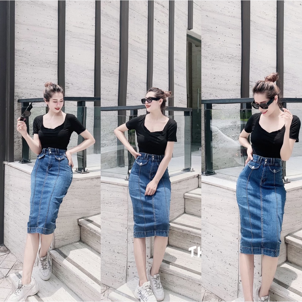 [TH Jeans] Váy bò trơn dáng dài qua gối, váy jeans lưng cao túi chéo phối gân, 2 khuy. Mã V0140 | BigBuy360 - bigbuy360.vn