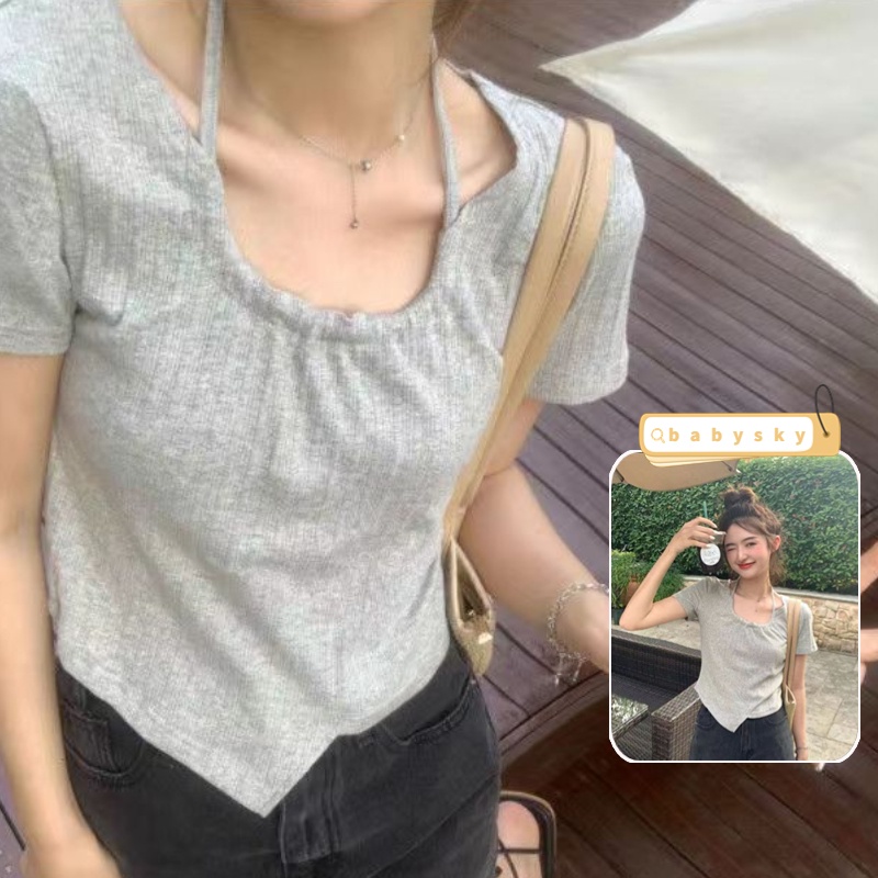 Áo Thun Tay Ngắn Cổ Chữ U Thiết Kế Không Đồng Đều Cao Cấp Thời Trang Cho Nữ