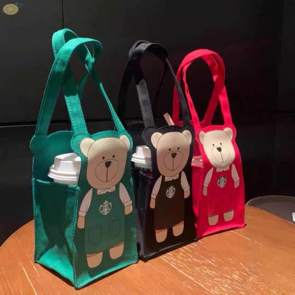 Starbucks Túi Tote Vải Canvas Đựng Bình Nước In Hình Gấu Dễ Thương
