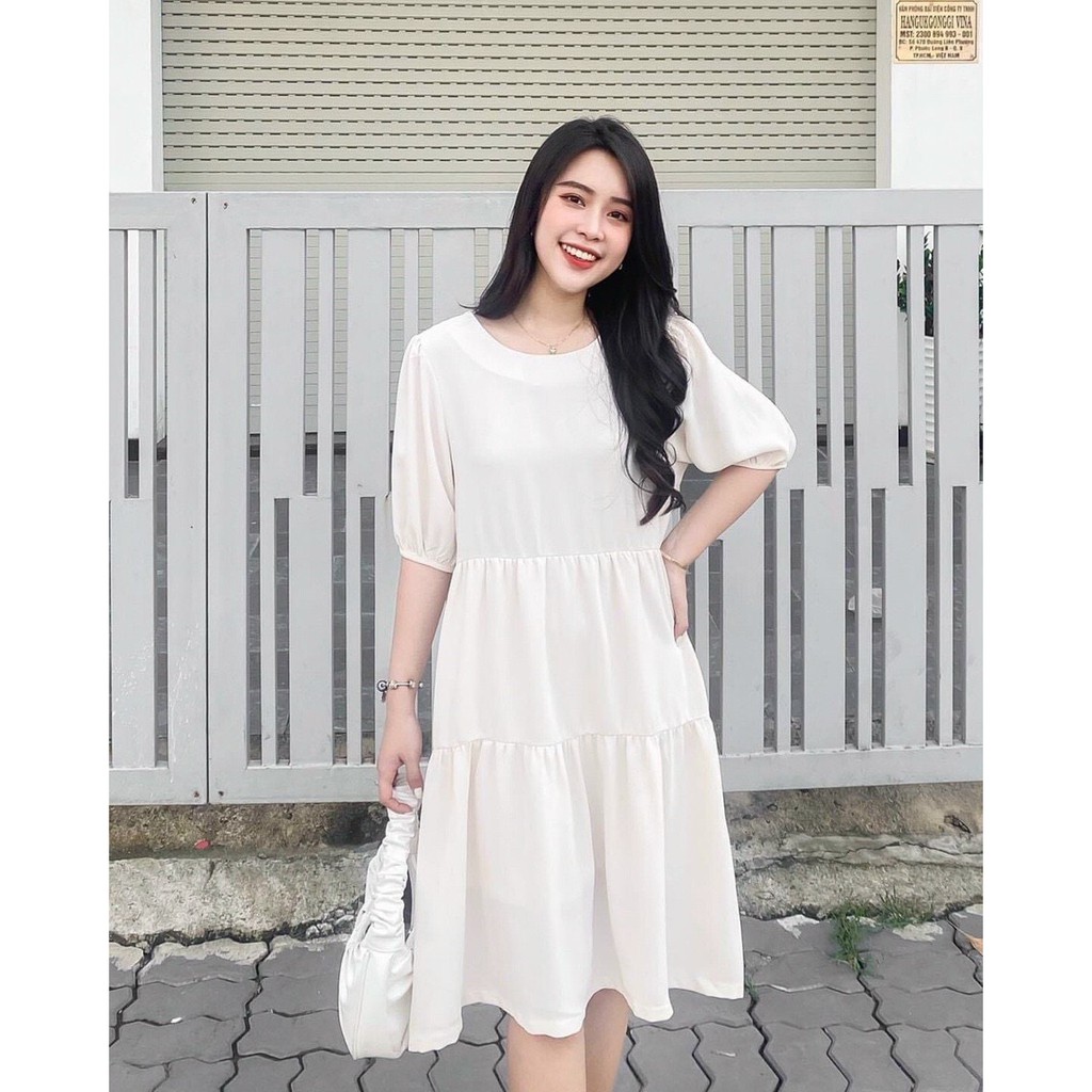 Đầm babydoll dáng dài midi váy xòe tay ngắn 2 màu trắng đen cổ điển