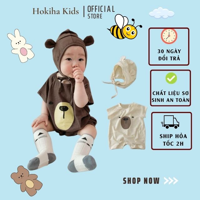 Bodysuit cộc tay cho bé trai bé gái HOKIHA mùa hè vải cotton an toàn từ sơ sinh size 3 - 14kg kèm mũ
