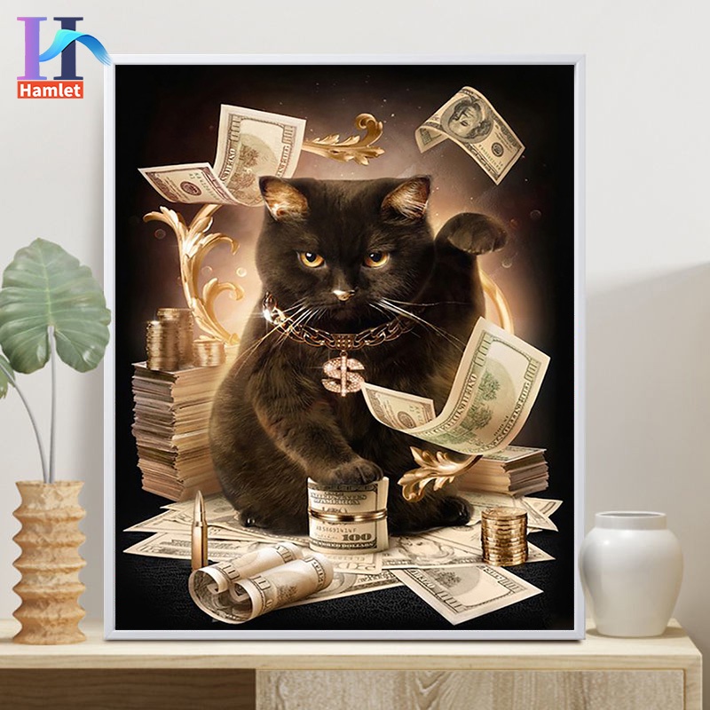 Bộ tranh sơn dầu tự tô Hamlet hình mèo may mắn cỡ 20 * 30 / 40 * 50cm