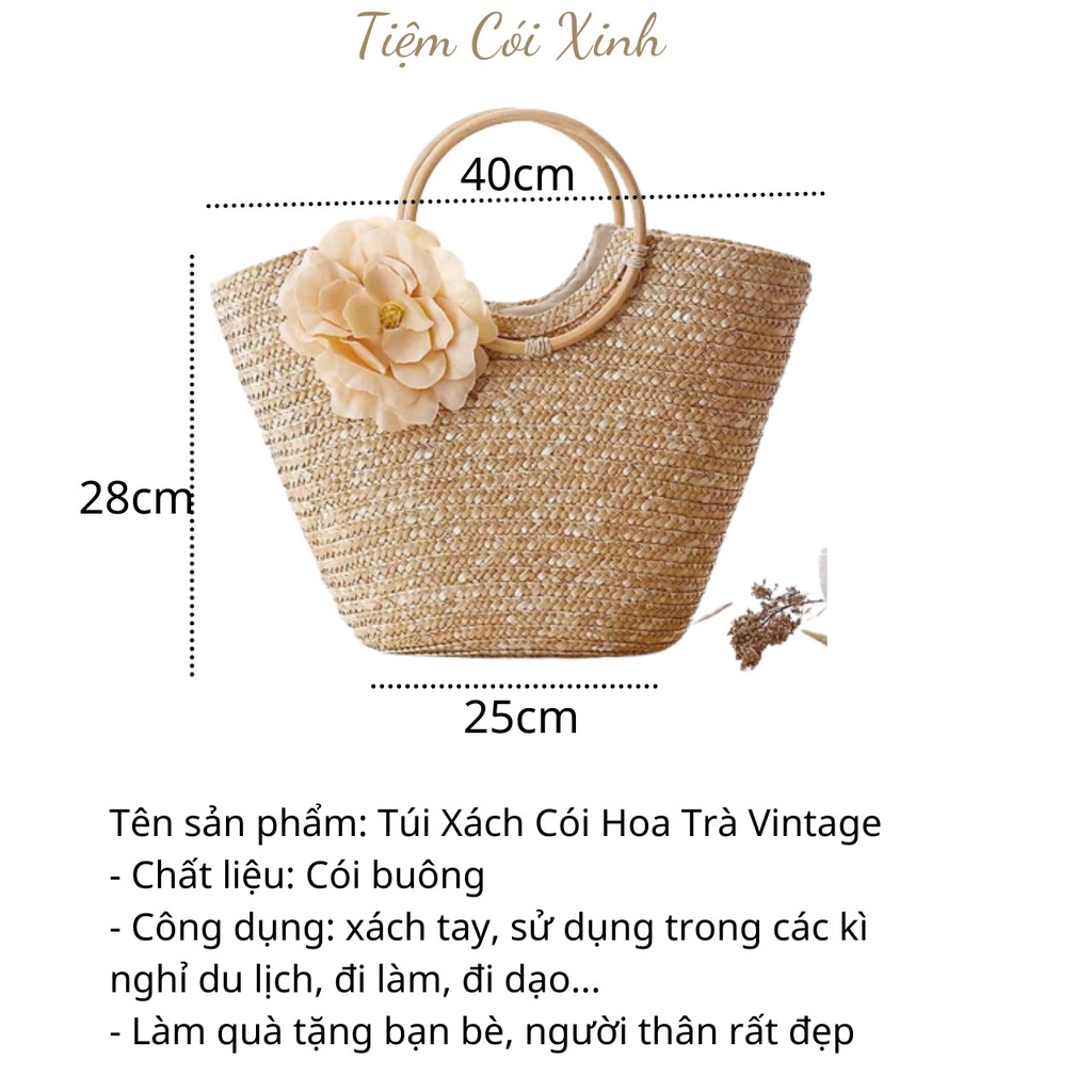 Túi Cói To Gắn Hoa Trà Cỡ Lớn Quai Gỗ Đi Biển Vintage TIỆM CÓI XINH